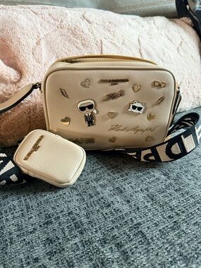 Karl Lagerfeld Paris Maybelle Beige Camera Bag Crossbody with Gold Zipper Detail